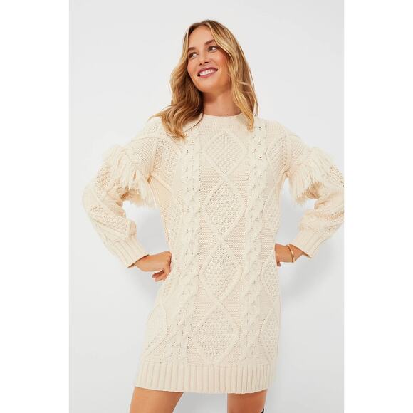 Tuckernuck Hyacinth House Medium Cream Francesca Fringe Sweater Dress NWT